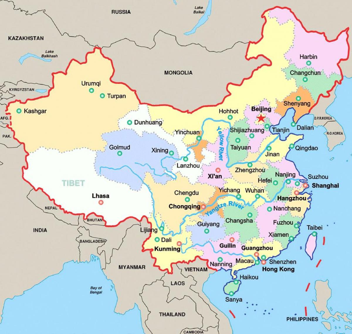 خريطة الصين مع المدن الرئيسية